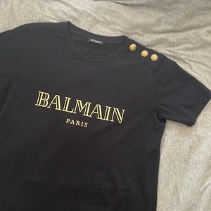 Balmain Shoulder Metallic Logo Tee with Gold buttons